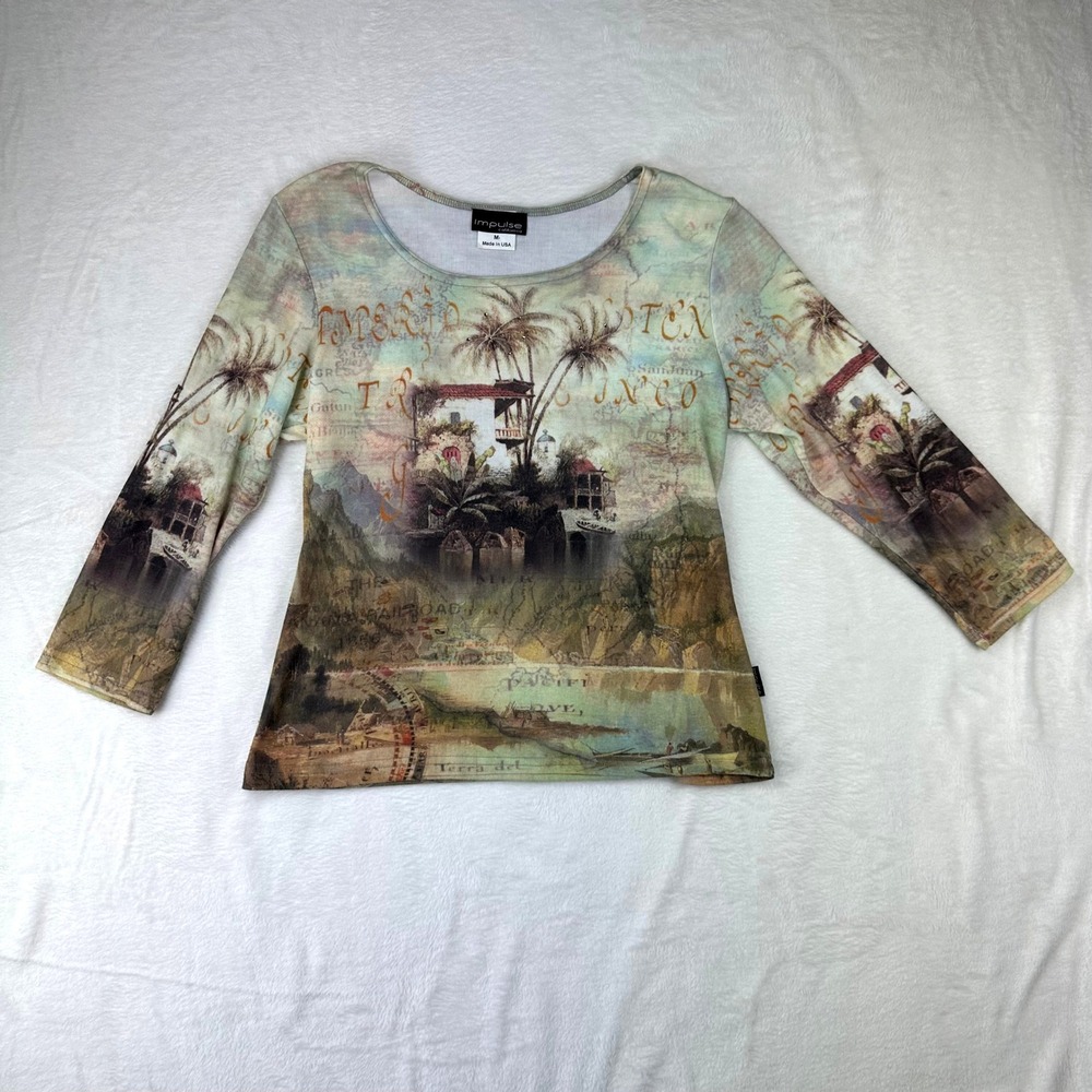 Impulse California Top Womens M 3/4 Sleeve Multi Tropical Print Studded Y2K‎ USA